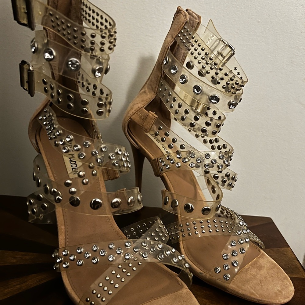 Steve Madden Tan and Clear Studded Heels